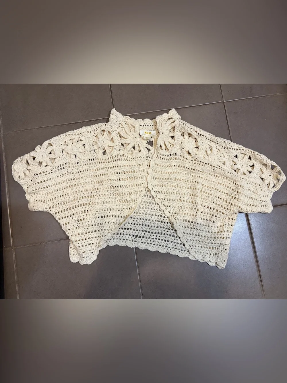 Anthropologie Maeve Crochet Openwork Crop Cardigan shrug sweater Cream one size